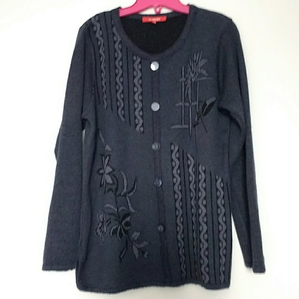 Elegant Dark Gray Faux Cardigan Sweater with Floral Design